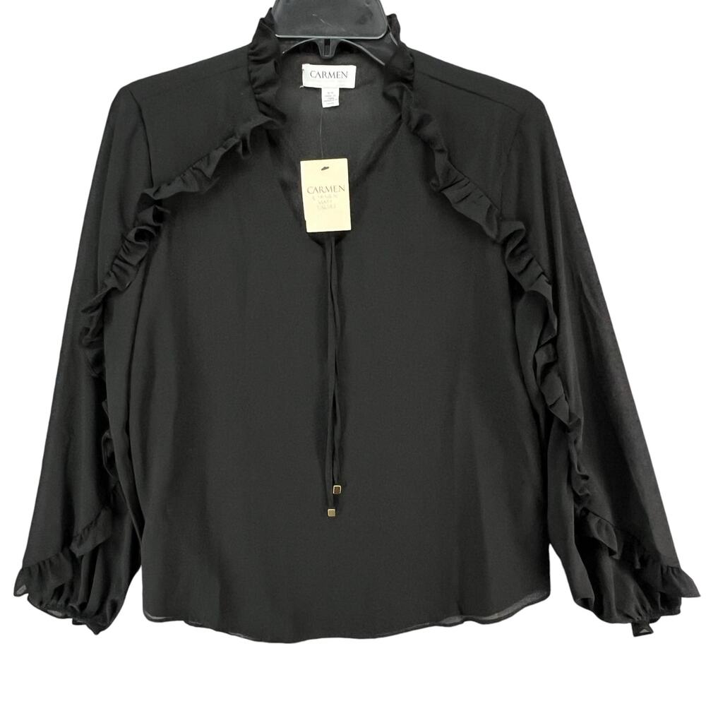 Carmen Marc Valvo Top Womens S Black Chiffon‎ Ruffle Lightweight Coquette Blouse